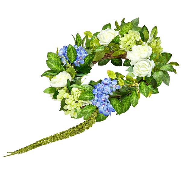 Dekorativ krans, 58,4 cm, blå vit grön, silkesmaterial
