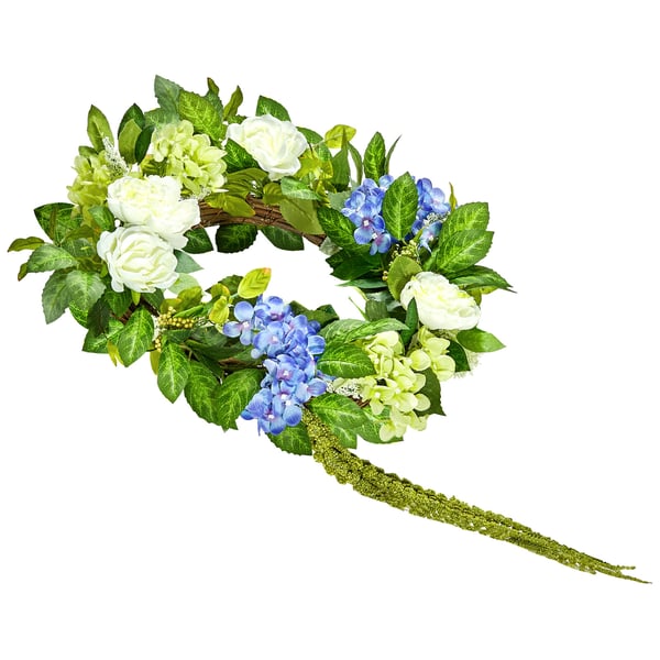 Dekorativ krans, 58,4 cm, blå vit grön, silkesmaterial