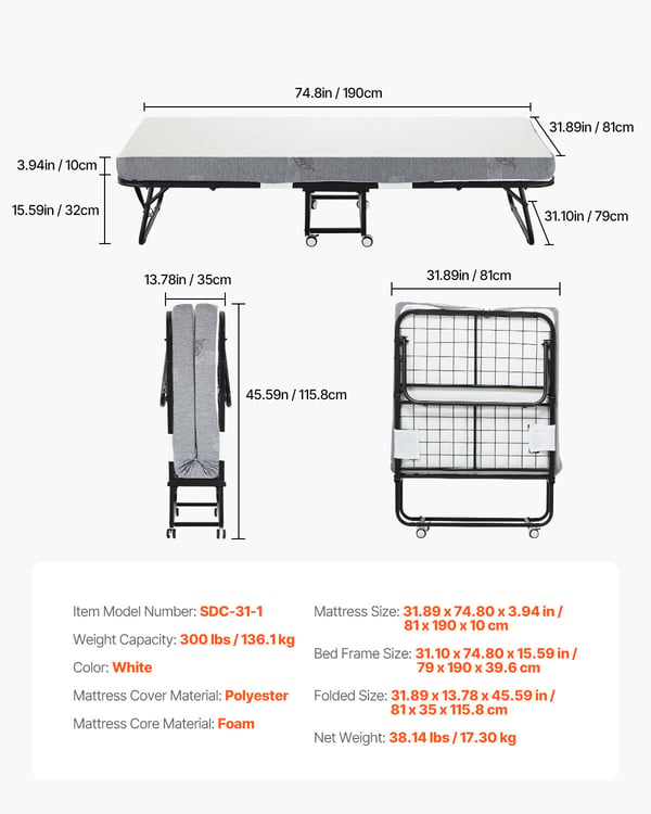 Sammenklappelig seng, 81x190x39,6 cm, hvid, foldbar