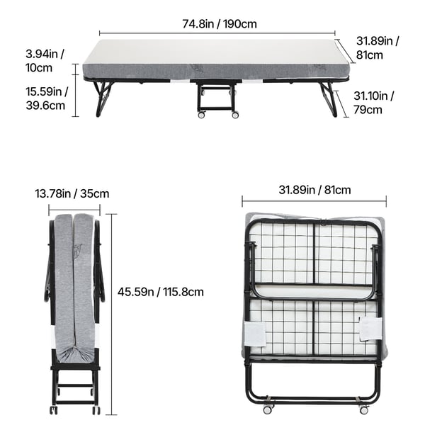 Sammenklappelig seng, 81x190x39,6 cm, hvid, foldbar