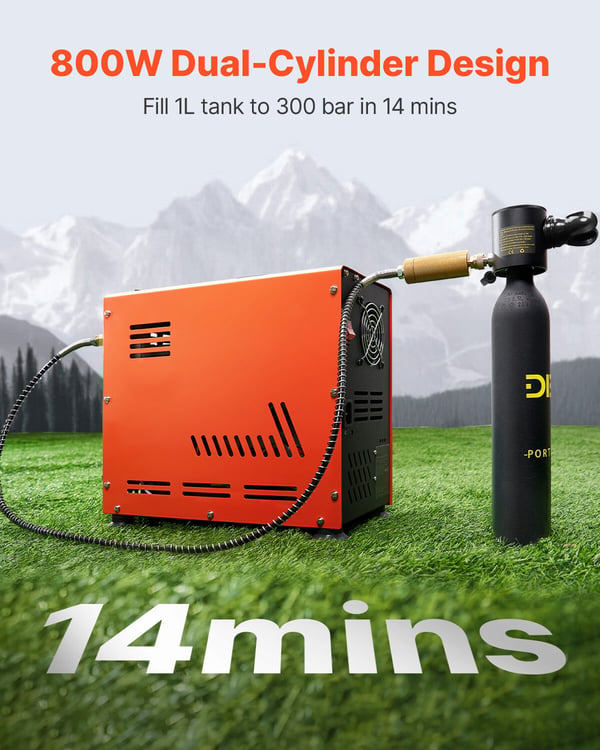Luftkompressor, 800W dobbeltcylinder PCP luftgevær, 37x18x35 cm