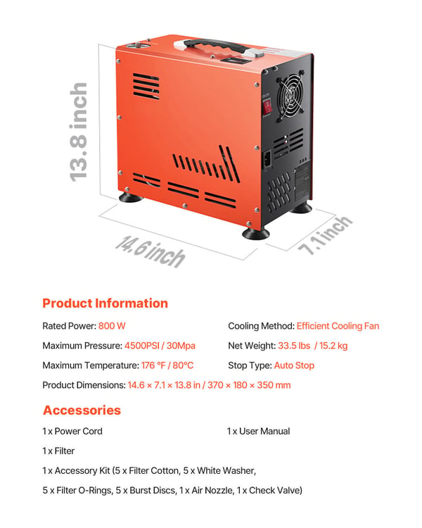 Luftkompressor, 800W dobbeltcylinder PCP luftgevær, 37x18x35 cm
