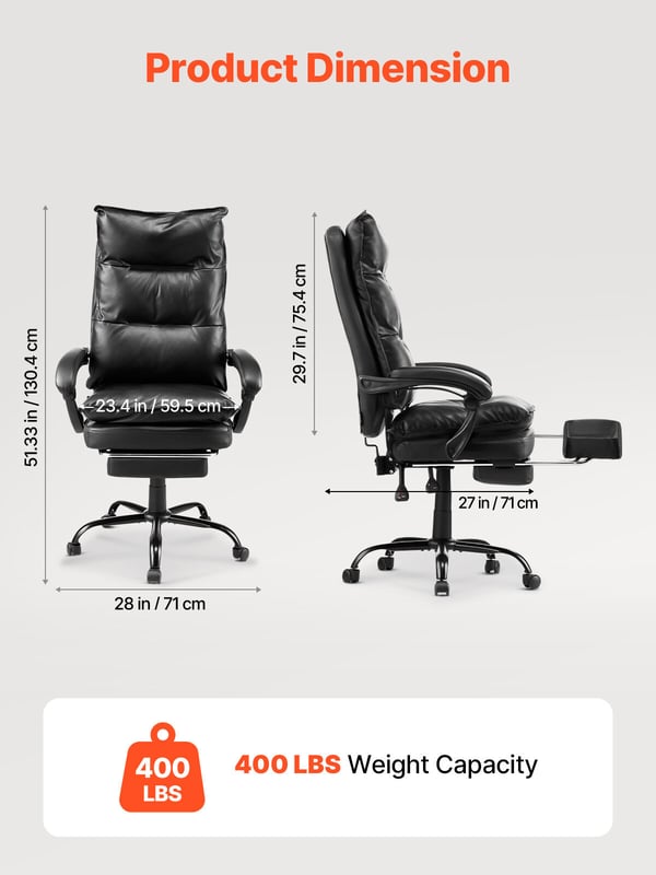 Kontorstol, Høj Ryg Executive Stol med Fodstøtte, 71x68,5x130,4 cm, Sort, PU Læder