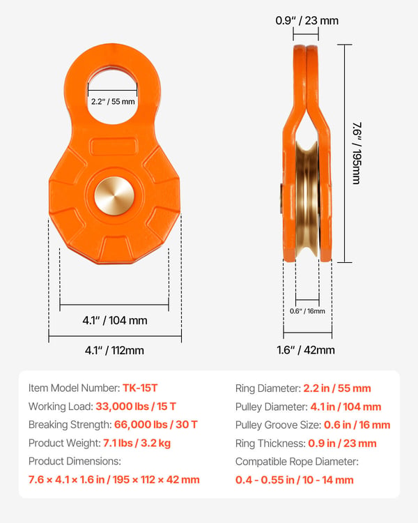 Snatch Block, 195x112x42 mm, Kraftigt stål, Offroad redningsudstyr