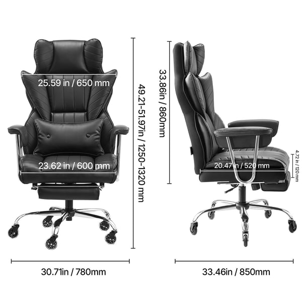 Kontorsstol, Hög rygg ergonomisk stol med fotstöd, 78x85x125-132 cm, Svart, PU-läder