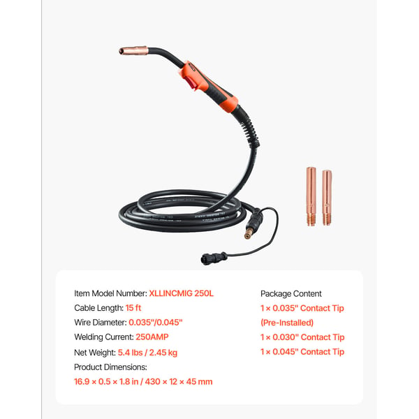 MIG-svetsbrännare 430x12x45 mm, 250A, 4.5 m kabel, Svetstillbehör
