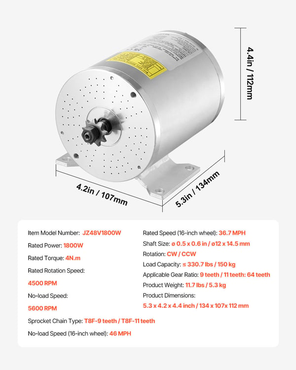 Sähköinen harjaton DC-moottoripaketti 1800W 48V 4500rpm, 13.4x10.7x11.2 cm