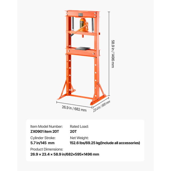 Hydraulisk værkstedspræse, 682x595x1496 mm, Justerbar, Stål