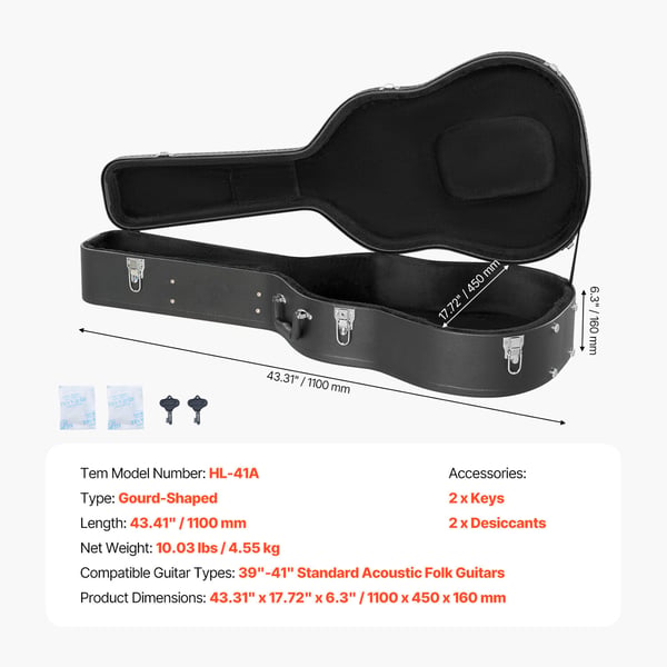 Guitar Kasse, 110x45x16 cm, Sort, Hård Skal Opbevaring