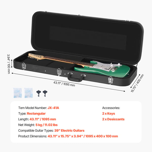 Elgitarr Hardcase 109.5 cm Svart, med lås och nyckel, Vattentät