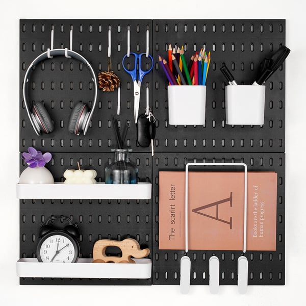 Pegboard väggorganisatör kit, 28x28x1,2 cm, svart, plast