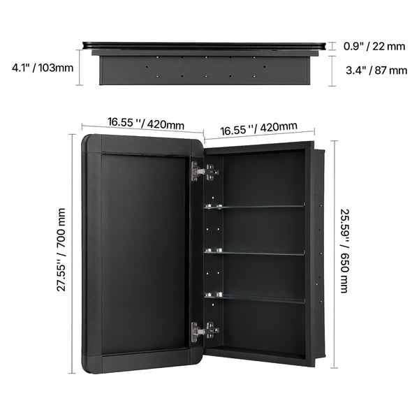 Medicinskab, 42x12.5x70 cm, Spejl, Aluminiumsramme, Justerbare hylder
