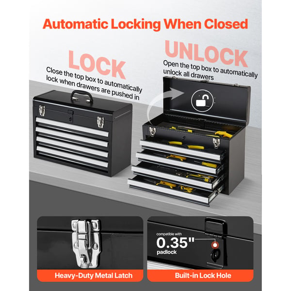 Værktøjskasse, 52x21.8x36.1 cm, Sort, Metalopbevaring