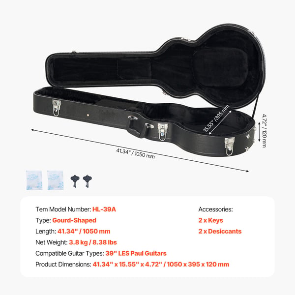 Elektrisk guitar hardcase 105x39,5x12 cm sort, med lås og nøgle