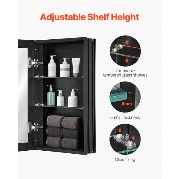 Medicinskab 35.5x61x13.5 cm Spejl Aluminium Sort, opbevaring