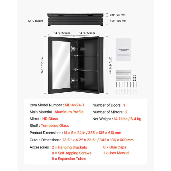 Medicinskab 35.5x61x13.5 cm Spejl Aluminium Sort, opbevaring