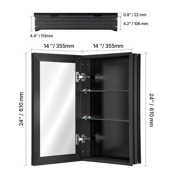 Medicinskab 35.5x61x13.5 cm Spejl Aluminium Sort, opbevaring