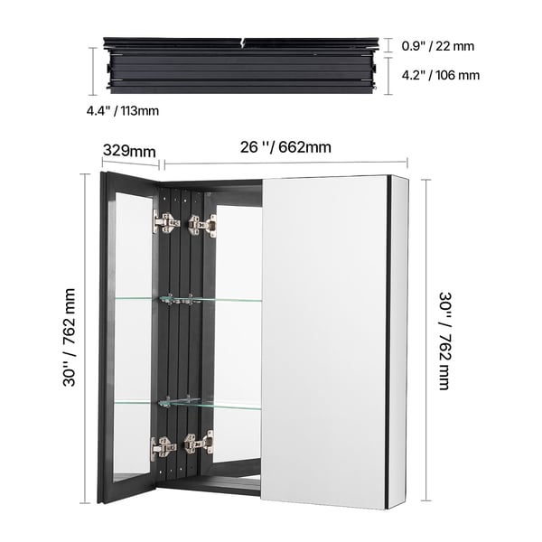 Medicinskab, 66,2x12,7x76,2 cm, Spejl, Aluminiumsramme, Justerbare hylder