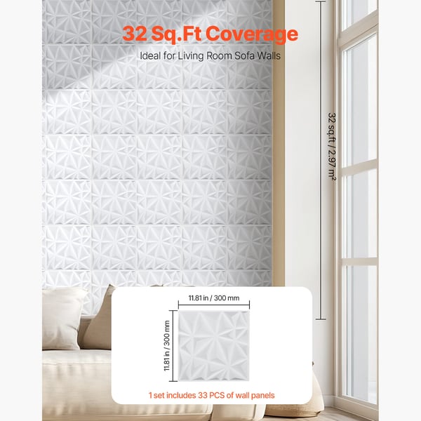 3D väggpaneler, 33-pack 30x30x2,5 cm matt vit, PVC