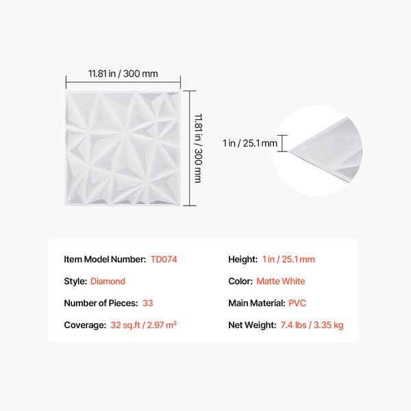 3D väggpaneler, 33-pack 30x30x2,5 cm matt vit, PVC