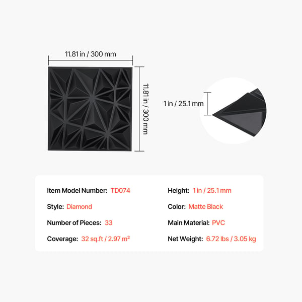 3D vægpaneler, 33-pak 30x30x2,5 cm mat sort, PVC