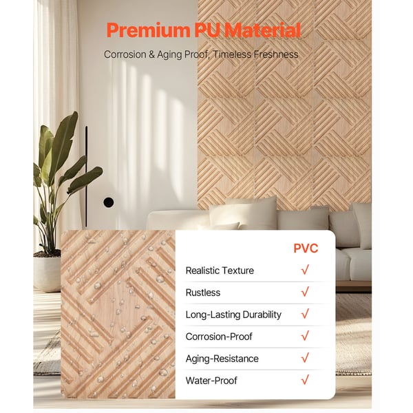 3D väggpaneler, 12-pack 50x50x2.6 cm, ljus trä, PVC