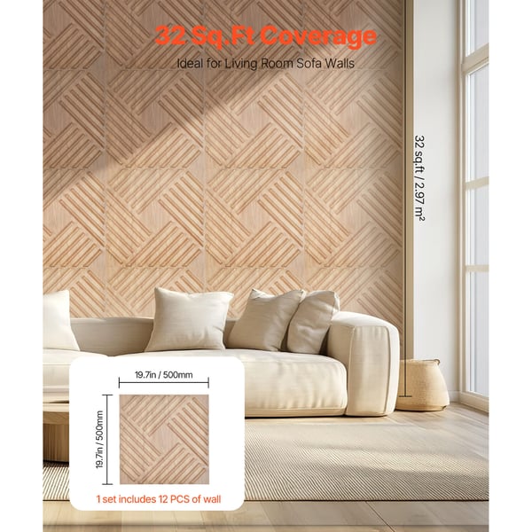 3D väggpaneler, 12-pack 50x50x2.6 cm, ljus trä, PVC