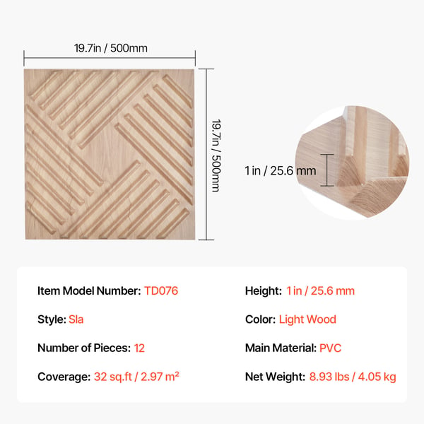 3D väggpaneler, 12-pack 50x50x2.6 cm, ljus trä, PVC