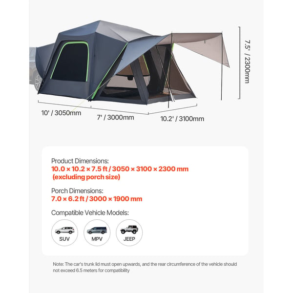 SUV Camping Telt, 305x310x230 cm, Vandtæt, Dobbelt Lag, Opbevaring