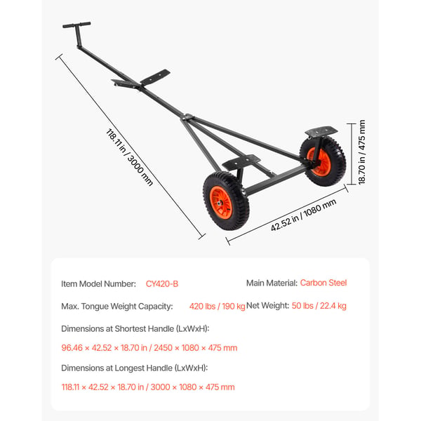 Bådtrailer-dolly, 245x108x47,5 cm, justerbar længde, kulstofstål