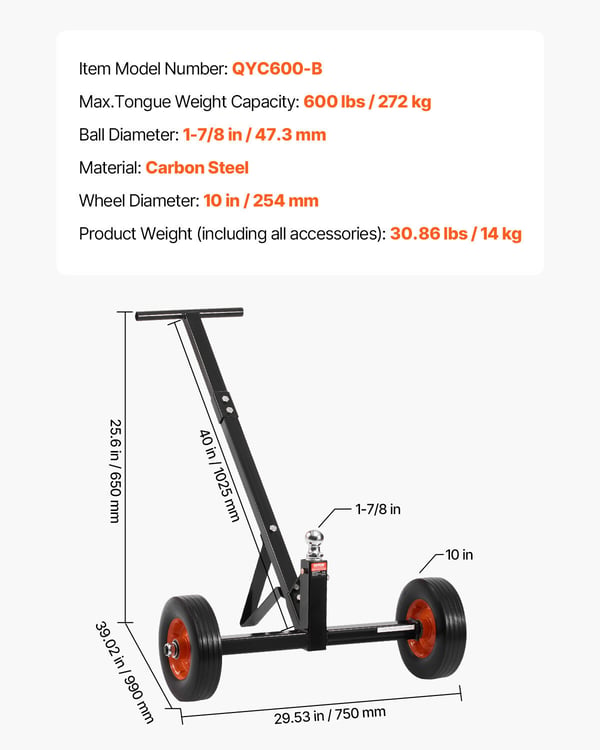 Trailerkärra, 450 kg kultrycksbelastning, 14x35,6 cm däck, kolstål