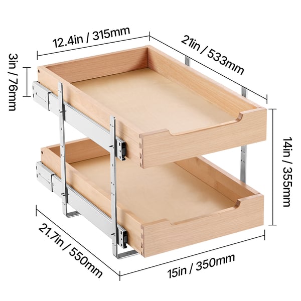 Skabsorganisator, 2-lags udtræk med soft close-skuffe, 35,6x53,3 cm, træ
