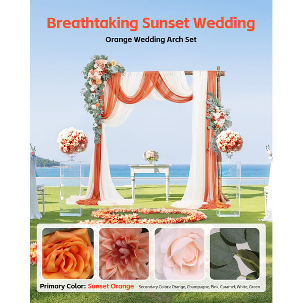 Bryllupsbue Blomster Sæt, Kunstige Blomster og Gardiner, 1000x76 cm, Orange Pink Hvid, Silketekstil