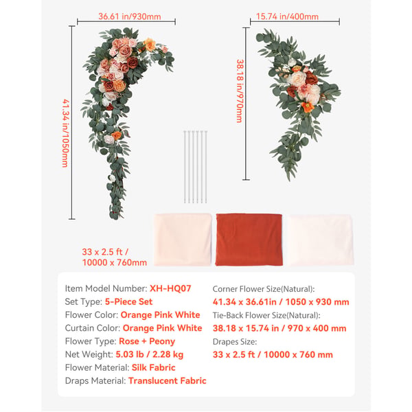 Bryllupsbue Blomster Sæt, Kunstige Blomster og Gardiner, 1000x76 cm, Orange Pink Hvid, Silketekstil