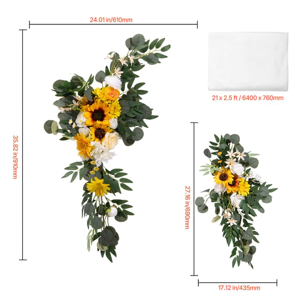 Bryllupsbue Blomstersæt, 640x76 cm, Gul Hvid, Silketekstil Gardiner