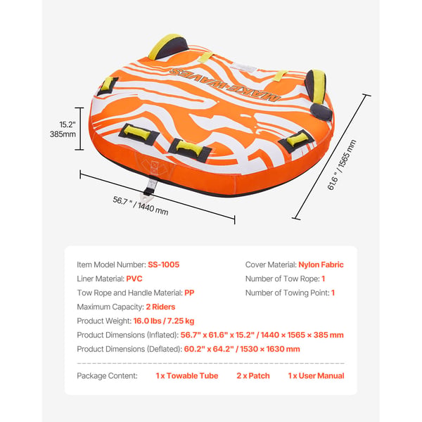 Uppblåsbar släptub, 144x156,5x38,5 cm, vattensport, nylonmaterial