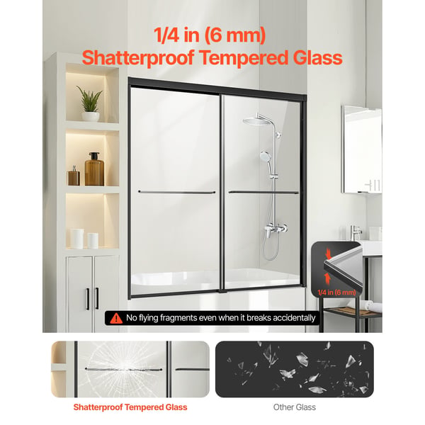 Badekar brusedør, 142,2x152,4 cm, sort, hærdet glas