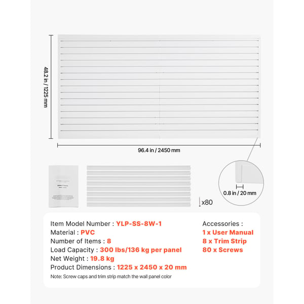 Slat Wall Panel, 122.5x245x2 cm, Vit, PVC Förvaring