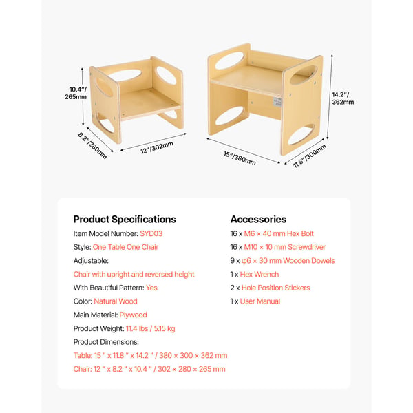 Montessori bord och stolsset, 38x30x36,2 cm bord, 30,2x28x26,5 cm stol, natur, trä