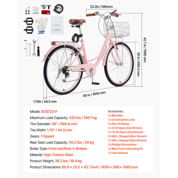 Cruiser-cykel, 165x59x108,5 cm, Rosa, Höglegerat stål