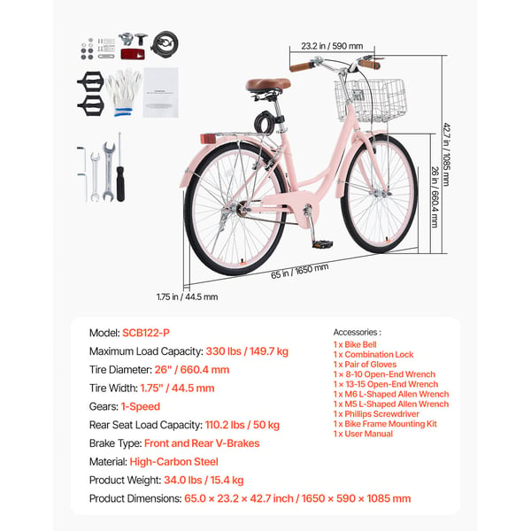 Cruiser-cykel, 165x59x108,5 cm, Rosa, Höglegerat stål