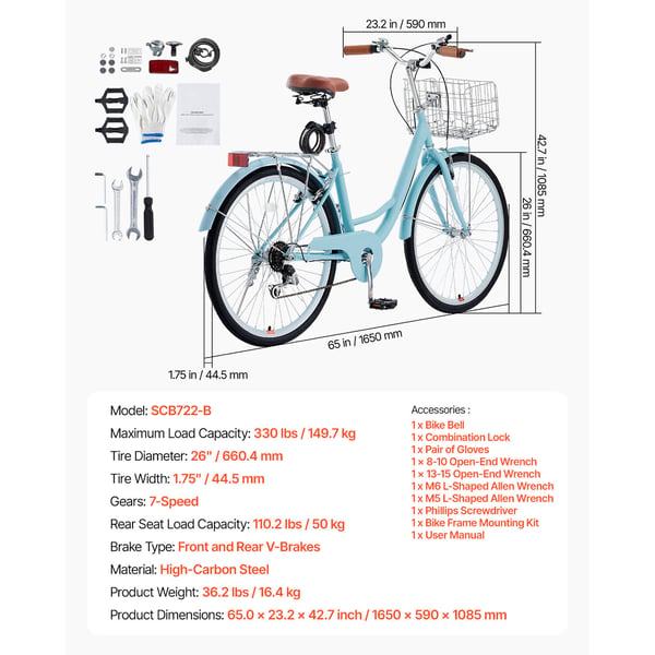 Cruiser-cykel, 7-växlad, 165x59x108,5 cm, ljusblå, högkolstål