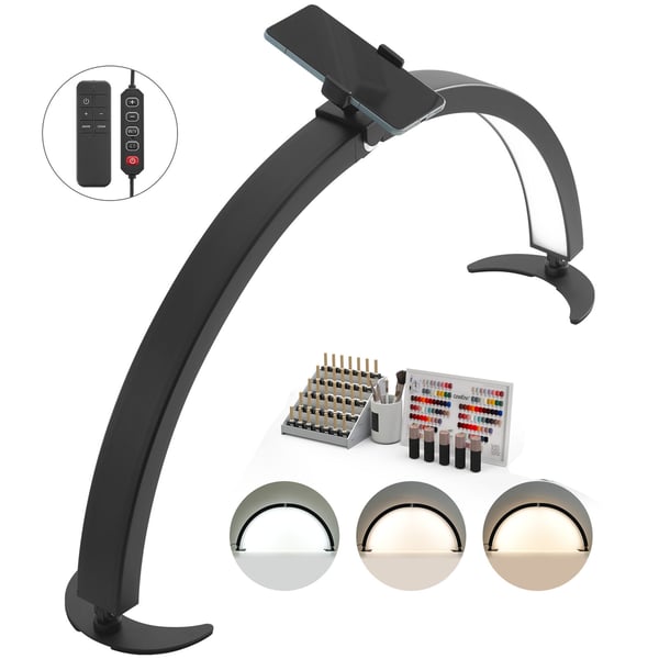 Skrivebordslampe, 40W Halvmåne LED-lampe med mobilholder, justerbar lysstyrke, sort, aluminium