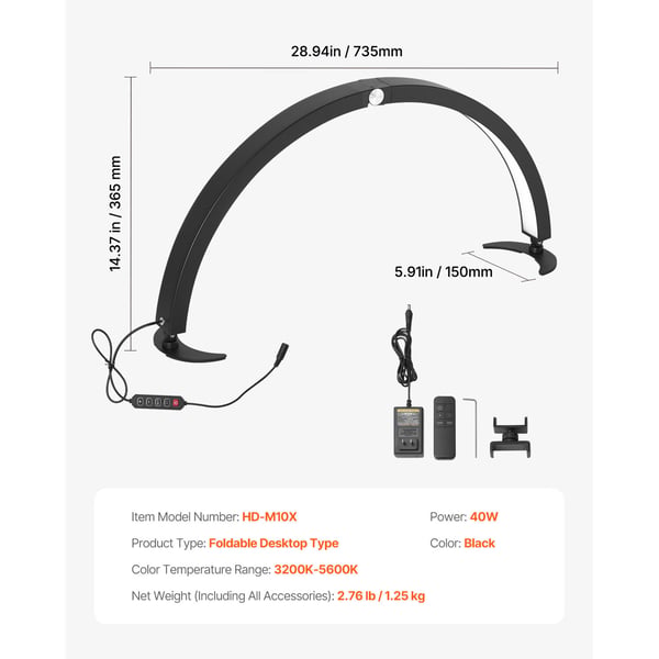 Skrivebordslampe, 40W Halvmåne LED-lampe med mobilholder, justerbar lysstyrke, sort, aluminium