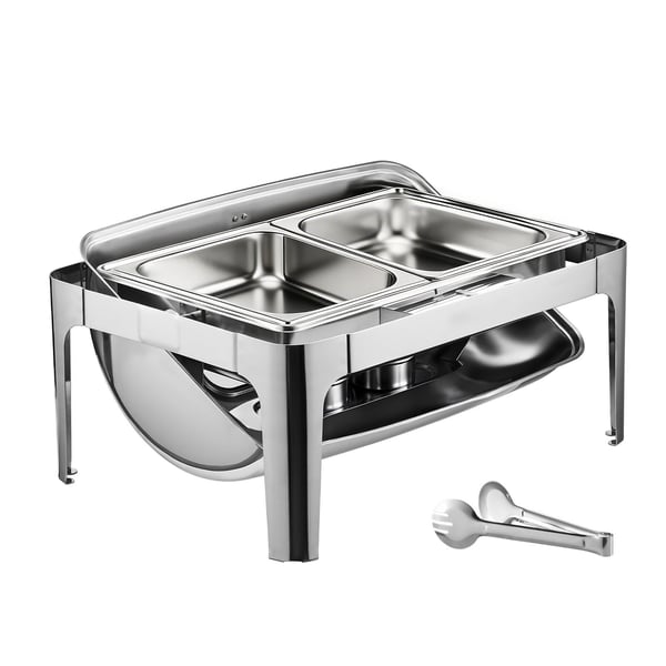 Chafing-astia-setti, rullakantinen buffet-tarjoilija 9 qt kahdella puolikkaalla pannulla, ruostumaton teräs, hopea