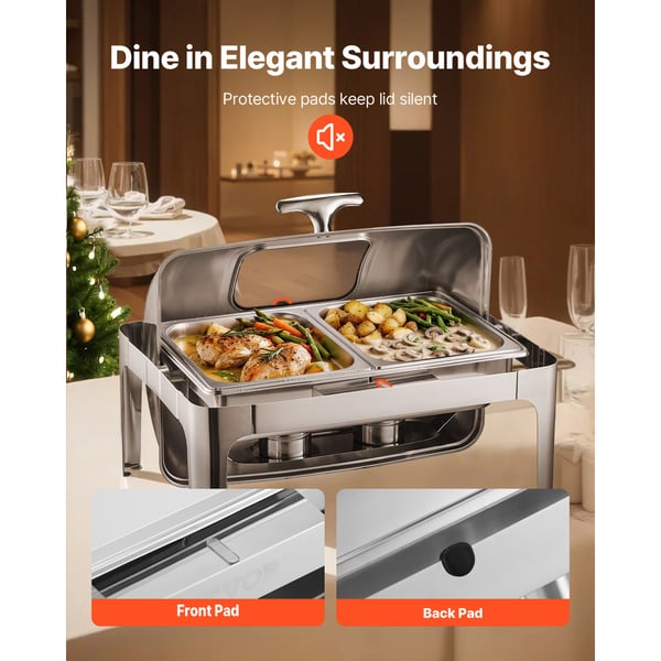 Chafing-astia-setti, rullakantinen buffet-tarjoilija 9 qt kahdella puolikkaalla pannulla, ruostumaton teräs, hopea