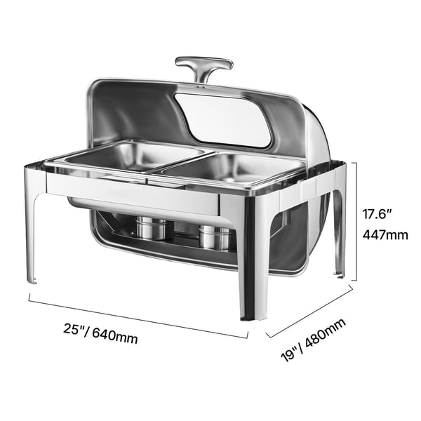 Chafing-astia-setti, rullakantinen buffet-tarjoilija 9 qt kahdella puolikkaalla pannulla, ruostumaton teräs, hopea