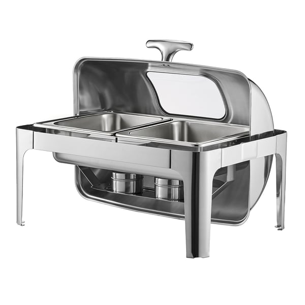Chafing-astia-setti, rullakantinen buffet-tarjoilija 9 qt kahdella puolikkaalla pannulla, ruostumaton teräs, hopea