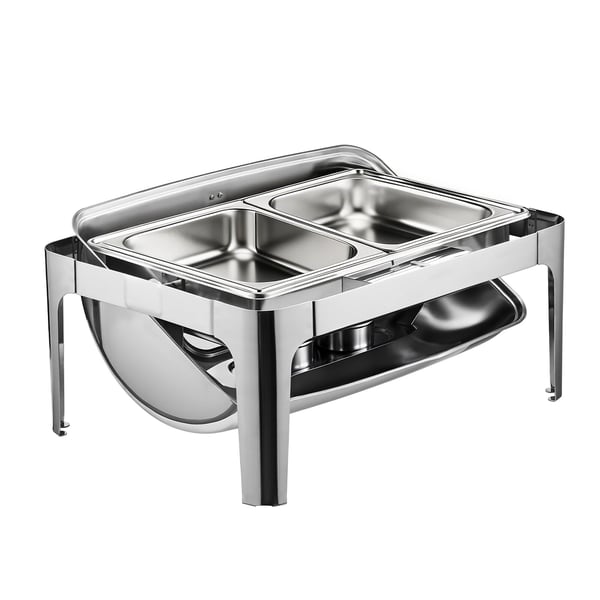 Chafing-astia-setti, rullakantinen buffet-tarjoilija 9 qt kahdella puolikkaalla pannulla, ruostumaton teräs, hopea