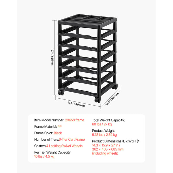 Rullende opbevaringsvogn, 6-lags stor kapacitetsorganisator, 36,2x40,5x68,5 cm, sort, PP-materiale